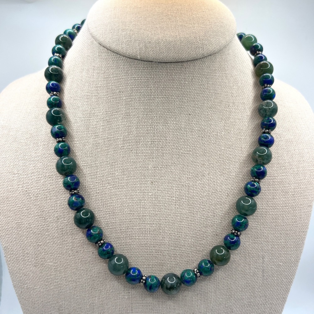 VTG 925 Sterling Azurite Malachite Moss Agate Mother of Pearl Beaded Necklace - Picture 12 of 13